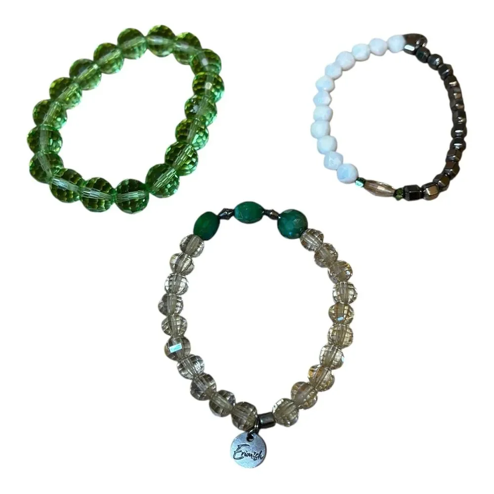 Lot of 3 Beaded Bracelets - Green, White, Silver & Earth Tones